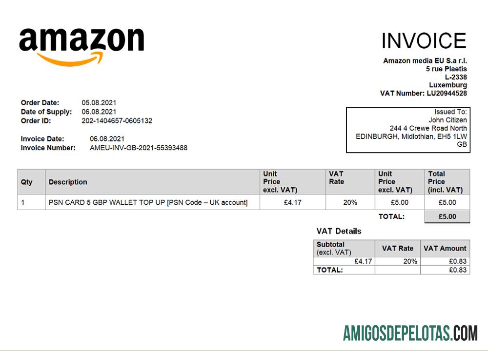 Fatura da empresa multinacional de tecnologia Amazon American do Reino Unido exemplo